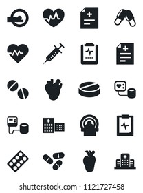 Set of vector isolated black icon - heart pulse vector, diagnosis, syringe, blood pressure, pills, blister, tomography, real, clipboard, hospital