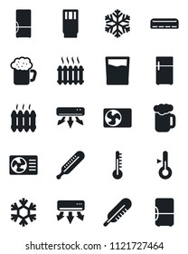 Set of vector isolated black icon - thermometer vector, heater, air conditioner, fridge, drink, beer, snowflake