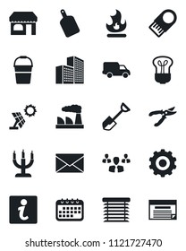 Set of vector isolated black icon - shop vector, gear, mail, factory, shovel, bucket, pruner, fire, car delivery, office building, candle, cutting board, bulb, jalousie, sun panel, information