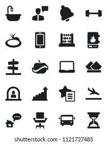 Set of vector isolated black icon - arrival vector, airport bus, reception, mobile phone, speaking man, growth statistic, abacus, pond, barbell, diet, favorites list, bell, office chair, notebook pc