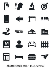 Set of vector isolated black icon - airport bus vector, barrier, waiting area, bed, left arrow, greenhouse, microscope, patient, phone back, calculator, office building, menu, vip zone, hamburger