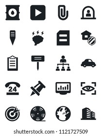 Set of vector isolated black icon - reception vector, hierarchy, document, brainstorm, drawing pin, plant label, 24 hours, car delivery, oil barrel, reel, play button, clipboard, monitor statistics