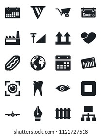 Set of vector isolated black icon - plane vector, wheelbarrow, caries, eye, earth, up side sign, barcode, heart, stop button, calendar, cellular signal, ink pen, rooms, factory, hot dog, radiator