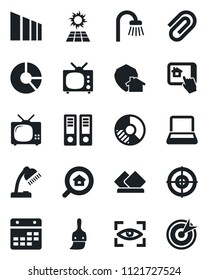 Set of vector isolated black icon - office binder vector, circle chart, sorting, themes, calendar, paper clip, desk lamp, target, notebook pc, estate search, bathroom, tv, serviette, eye scan