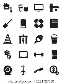 Set of vector isolated black icon - plane radar vector, security gate, border cone, notebook pc, shovel, bucket, drip irrigation, blood pressure, patch, barbell, monitor, low battery, hdmi, fridge