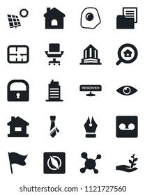 Set of vector isolated black icon - house vector, molecule, eye, folder document, record, compass, lock, ink pen, office chair, tie, sun panel, plan, estate search, city, reserved, omelette, flag