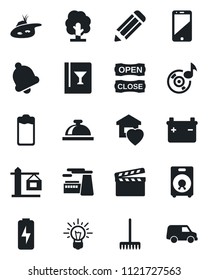 Set of vector isolated black icon - reception bell vector, factory, pencil, rake, tree, clapboard, cell phone, speaker, battery, music, charge, pond, sweet home, crane, wine card, open close, idea