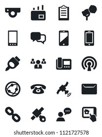 Set of vector isolated black icon - mobile phone vector, team, satellite, microphone, network, cell, dialog, speaker, chain, hdmi, clipboard, mail, wireless, web camera, intercome, home control app