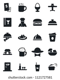 Set of vector isolated black icon - coffee vector, cook, dish, alcohol, restaurant table, serviette, wine card, reception, phyto bar, beer, salad, waiter, egg stand, cafe building, vip zone, receipt