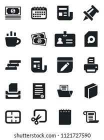 Set of vector isolated black icon - identity vector, notepad, coffee, drawing pin, printer, cash, news, notes, cut, document folder, search, blank box, paper tray, contract, plan, calendar