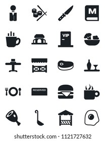 Set of vector isolated black icon - waiter vector, alcohol, restaurant table, cafe, menu, reserved, coffee, salad, building, vip zone, alcove, steak, ham, hamburger, ladle, knife, sushi, omelette