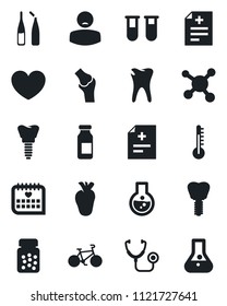 Set of vector isolated black icon - heart vector, diagnosis, stethoscope, blood test vial, pills bottle, ampoule, bike, real, caries, implant, joint, medical calendar, patient, molecule, thermometer