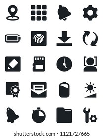 Set of vector isolated black icon - menu vector, update, settings, clock, stopwatch, bell, mail, sd, folder, notes, download, brightness, place tag, face id, fingerprint, battery, sertificate