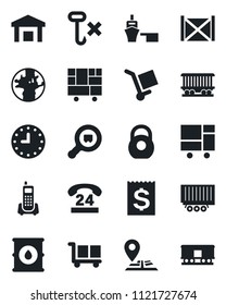 Set of vector isolated black icon - navigation vector, earth, railroad, office phone, 24 hours, truck trailer, clock, receipt, sea port, container, consolidated cargo, no hook, warehouse, heavy