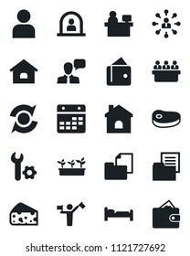 Set of vector isolated black icon - dispatcher vector, reception, bed, hierarchy, meeting, manager place, house, seedling, folder document, speaker, user, calendar, root setup, update, steak, cheese