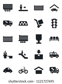 Set of vector isolated black icon - taxi vector, escalator, waiting area, ambulance car, bike, traffic light, truck trailer, cargo container, delivery, sea port, fragile, warehouse storage, package