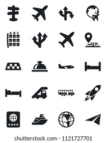 Set of vector isolated black icon - plane vector, taxi, airport bus, reception bell, passport, bed, ladder car, seat map, globe, route, signpost, navigation, sea shipping, bedroom, rocket, earth