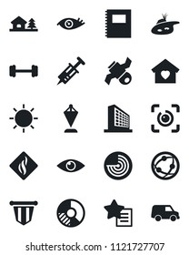 Set of vector isolated black icon - radar vector, office building, pennant, circle chart, sun, syringe, barbell, eye, satellite, network, favorites list, id, copybook, house with tree, pond, car