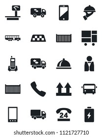 Set of vector isolated black icon - taxi vector, airport bus, office phone, 24 hours, cargo container, car delivery, consolidated, up side sign, heavy scales, cell, mobile, call, moving, waiter