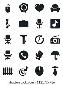Set of vector isolated black icon - phone vector, office chair, case, mouse, tie, stamp, fence, glove, umbrella, radio, heart, music, cushioned furniture, clock