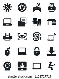 Set of vector isolated black icon - wireless notebook vector, lock, mouse, desk, pc, printer, virus, folder document, gamepad, laptop, network, download, web camera, eye scan, fingerprint, man with
