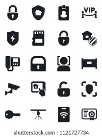 Set of vector isolated black icon - fence vector, lock, protect, sd, face id, key, estate insurance, vip zone, intercome, home control app, pass card, surveillance, sprinkler, certificate