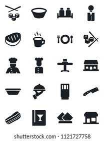 Set of vector isolated black icon - coffee vector, waiter, cook, restaurant table, cafe, wine card, drink, bacon, salt and pepper, building, steak, bowl, knife, sushi, serviette, storefront