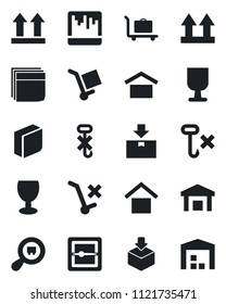 Set of vector isolated black icon - baggage trolley vector, fragile, cargo, warehouse storage, up side sign, no, hook, package, search, scanner, blank box