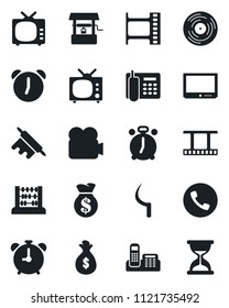 Set Of Vector Isolated Black Icon - Alarm Clock Vector, Phone, Abacus, Well, Sickle, Film Frame, Vinyl, Tv, Video Camera, Office, Rolling Pin, Money Bag, Sand