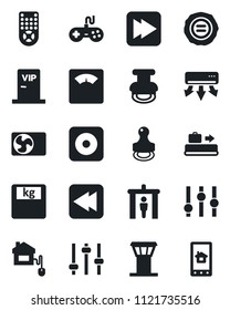 Set of vector isolated black icon - airport tower vector, baggage conveyor, security gate, stamp, scales, gamepad, settings, remote control, fast forward, rewind, rec button, tuning, air conditioner
