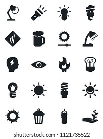 Set of vector isolated black icon - brainstorm vector, bulb, fire, sun, garden light, eye, torch, brightness, desk lamp, beer, candle, smoke detector, energy saving, alarm led, palm sproute