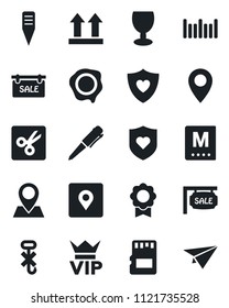 Set of vector isolated black icon - vip vector, pen, stamp, plant label, heart shield, pin, fragile, up side sign, no hook, barcode, sd, cut, place tag, sertificate, sale, menu, paper plane