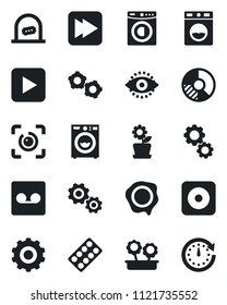 Set of vector isolated black icon - ticket office vector, gear, circle chart, stamp, pills blister, play button, fast forward, rec, record, eye id, washer, flower in pot, clock