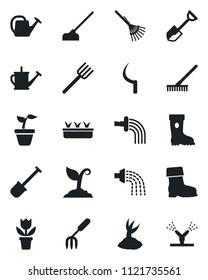 Set of vector isolated black icon - flower in pot vector, garden fork, shovel, farm, rake, seedling, watering can, sproute, boot, hoe, sickle, irrigation