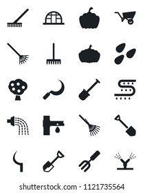 Set of vector isolated black icon - job vector, garden fork, shovel, rake, wheelbarrow, watering, sickle, pumpkin, greenhouse, seeds, drip irrigation, fruit tree