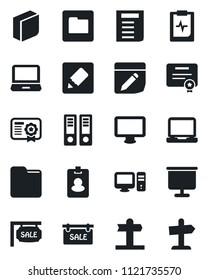 Set of vector isolated black icon - office binder vector, document, pulse clipboard, signpost, monitor, laptop pc, folder, notes, presentation board, blank box, sale, pass card, certificate
