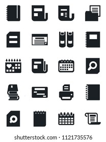 Set of vector isolated black icon - book vector, document search, notepad, calendar, printer, medical, folder, news, copybook, schedule, contract