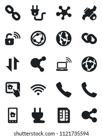 Set of vector isolated black icon - wireless notebook vector, satellite, network, share, chain, call, sim, data exchange, power plug, lock, home control app, social media