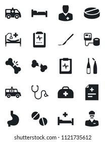 Set of vector isolated black icon - bed vector, doctor case, diagnosis, stethoscope, blood pressure, pills, ampoule, scalpel, ambulance car, hospital, stomach, broken bone, pulse clipboard