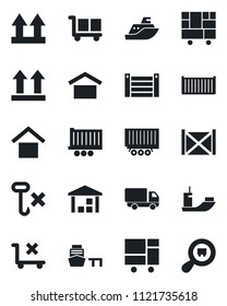 Set of vector isolated black icon - sea shipping vector, truck trailer, cargo container, car delivery, port, consolidated, warehouse storage, up side sign, no trolley, hook, search