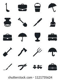 Set of vector isolated black icon - umbrella vector, baggage larry, job, shovel, farm fork, bucket, pruner, axe, scalpel, fragile, themes, case, stamp, ladle