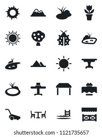 Set of vector isolated black icon - cafe vector, sun, flower in pot, lawn mower, lady bug, pond, pool, fruit tree, mountains, table, restaurant, alcove