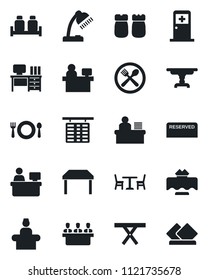 Set of vector isolated black icon - cafe vector, reception, flight table, medical room, desk, manager place, picnic, lamp, meeting, restaurant, reserved, salt and pepper, serviette