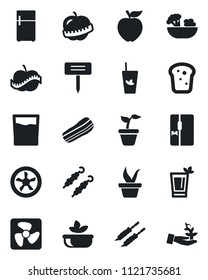 Set of vector isolated black icon - seedling vector, plant label, diet, fridge, drink, phyto bar, salad, bacon, bread, kebab, apple fruit, fan, palm sproute