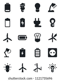 Set of vector isolated black icon - bulb vector, battery, low, charge, desk lamp, windmill, socket, power plug, energy saving, idea