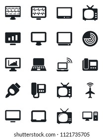 Set of vector isolated black icon - plane radar vector, wireless notebook, pc, statistic monitor, pulse, tv, hdmi, statistics, intercome