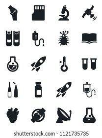 Set of vector isolated black icon - satellite antenna vector, book, blood test vial, dropper, microscope, ampoule, real heart, joint, virus, sd, thermometer, rocket, flask