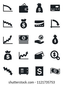 Set of vector isolated black icon - credit card vector, safe, money bag, crisis graph, receipt, wallet, growth, search, investment, cash