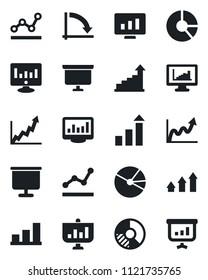 Set of vector isolated black icon - growth statistic vector, presentation board, crisis graph, monitor, circle chart, statistics, bar, pie, point, arrow up