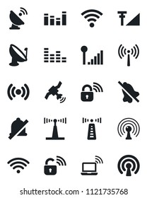 Set of vector isolated black icon - antenna vector, wireless notebook, satellite, equalizer, mute, cellular signal, lock